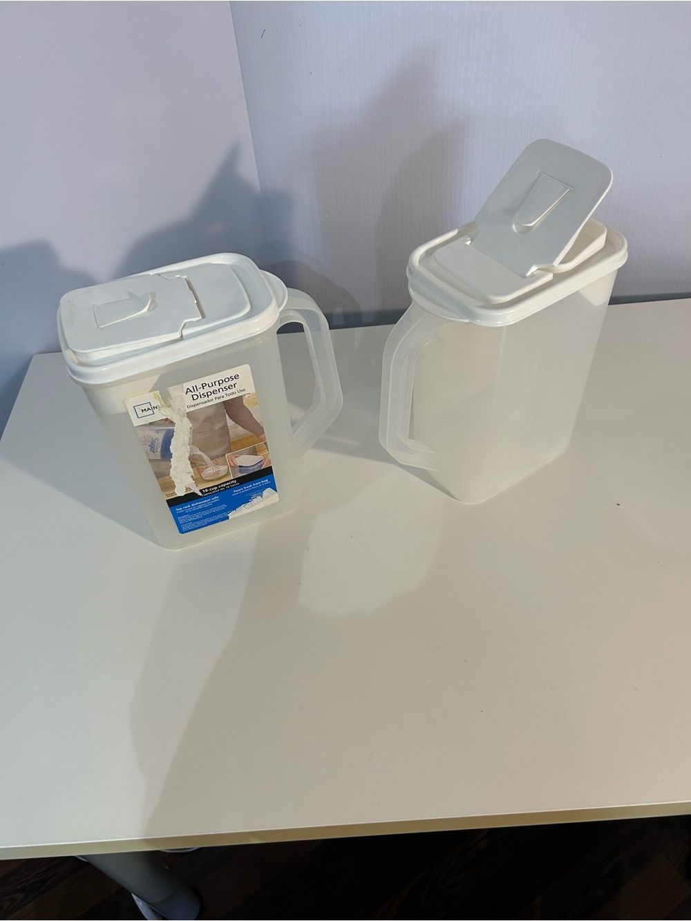 2 All-Purpose White Plastic Dispensers with handles- set of 2- Pitcher with Lid
